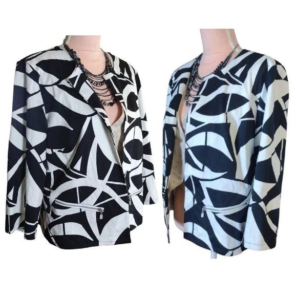 Chico's Black White Geo Print Open Front Quarter Sleeve Cotton Stretch Jacket L - Picture 7 of 13